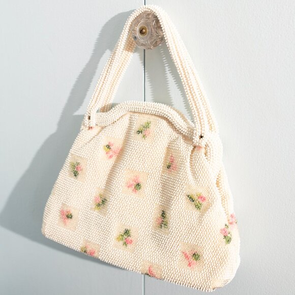 Vintage Beaded Purse White with Pink Flowers - Picture 5 of 6